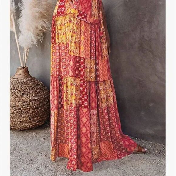 New Boho Print Elastic High Waist Pleated Ruffle Flowy Long Skirt - Picture 4 of 6